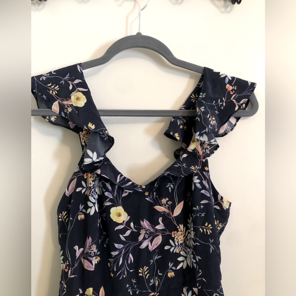 Amour Vert Silk Isabella Ruffle Open Back V-Neck Jumpsuit Floral Jardin Navy XS - Picture 3 of 7